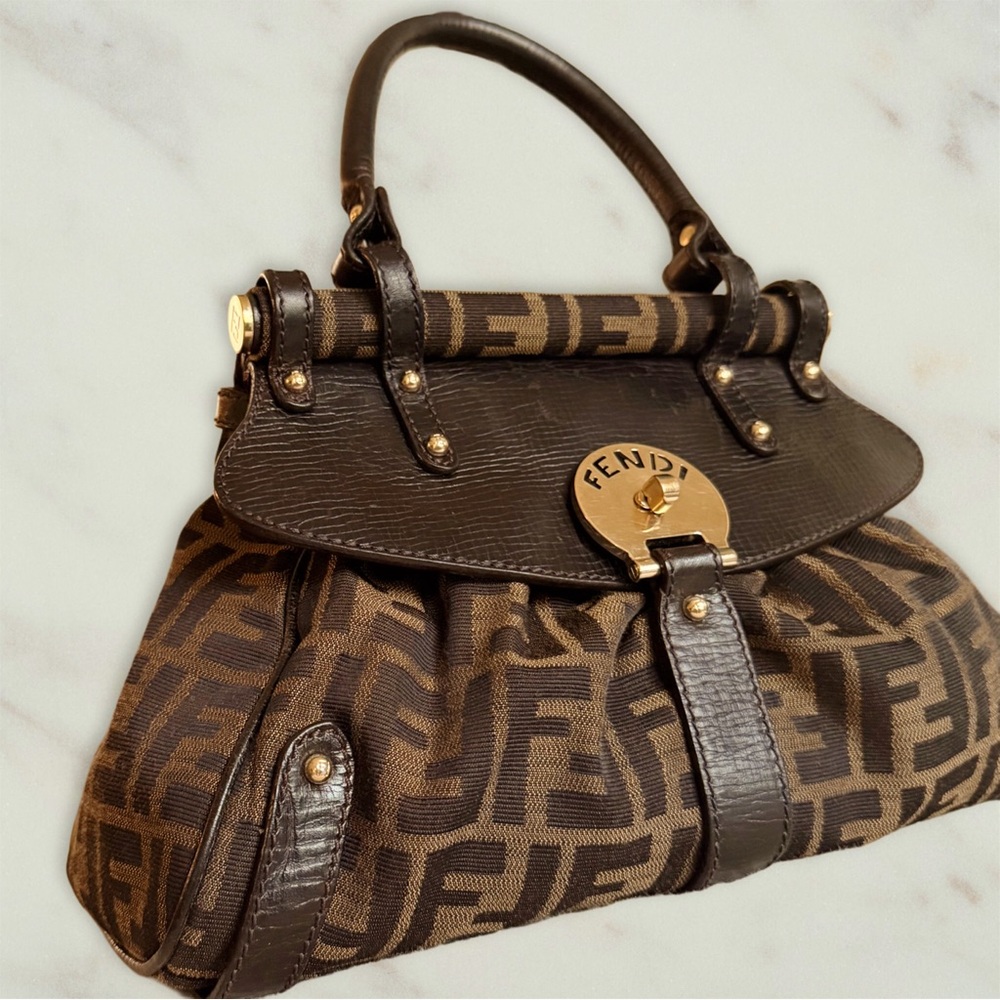 Authentic Vintage Fendi Magic Bag Canvas Dark Brown Leather Trim Y2K 2000s Clean